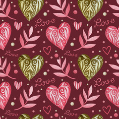 Seamless watercolor pattern on a burgundy background in pink colors for Valentine's Day, Wedding.