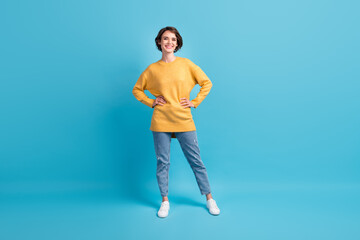 Fototapeta na wymiar Full length body size photo of girl with bob hairstyle wearing casual clothes smiling isolated on vivid blue color background