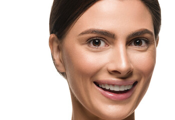 Beautiful woman face healthy teeth smile close up healthy natural skin