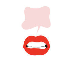 Talking mouth with empty speech bubble for quote. Sexy woman lips with french red lipstick makeup vector illustration isolated on white 