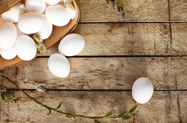 Spring still life with white chicken eggs