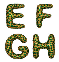 Letter set E, F, G, H made of realistic 3d render golden shining metallic.