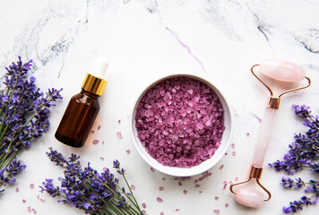 Fototapeta na wymiar Set of natural organic SPA cosmetic with lavender.