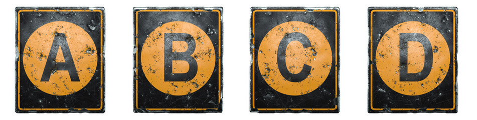 Set of public road sign orange and black color with a capital letters A, B, C, D in the center isolated on white background. 3d