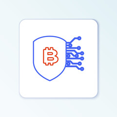Line Shield with bitcoin icon isolated on white background. Cryptocurrency mining, blockchain technology, security, protect, digital money. Colorful outline concept. Vector.