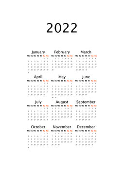 2022 Yearly Calendar Template, Vertical A4 Format, Week Starts Monday. Annual Calendar Template For Business Office. Small Letter Size Wall Calendar. Clean Spacious Annual Planner On White Background