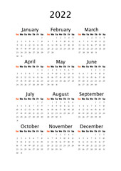 2022 Yearly calendar, vertical A4 format, week starts Sunday. Annual calendar template for business office. Small letter size wall calendar. Classic annual planner on white background