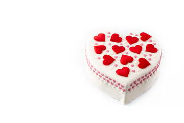  Heart cake for St. Valentine's Day, Mother's Day, or Birthday, decorated with sugar hearts isolated on white background