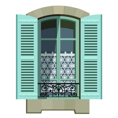 provencal window with blue shutters isolated on white background
