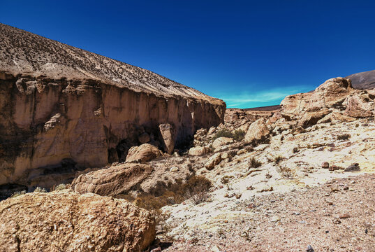 Large river canyon running through the Atacama Desert in the Arica y Parinacota Region of northern Chile.