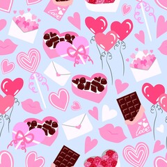 Seamless vector flat hearts pattern. Valentine's day background. Flat design. Endless chaotic texture of romantic elements. Hearts, balloons, candy, chocolate, lollipop, lips, envelope.