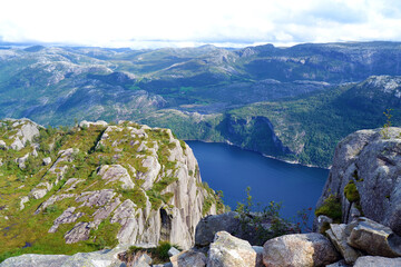 Lysefjord aerial view from the top of the Preikestolen cliff near Stavanger. Preikestolen or Pulpit Rock is a famous tourist attraction in Norway.
