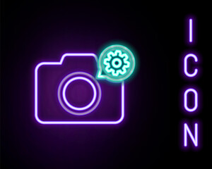Glowing neon line Photo camera and gear icon isolated on black background. Adjusting app, service concept, setting options, maintenance, repair, fixing. Colorful outline concept. Vector.