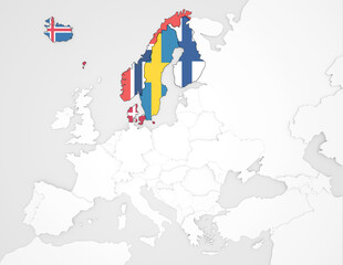 3D Europakarte auf der Skandinavien (inkl. Island + Färöer) hervorgehoben werden
