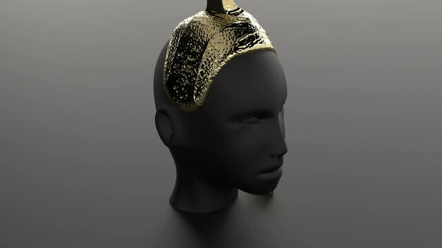 Gold liquid leak on black plastic head minimalistic cover footage 4k