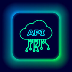 Glowing neon line Cloud api interface icon isolated on black background. Application programming interface API technology. Software integration. Colorful outline concept. Vector.
