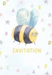baby shower, invitation card for children's party with animal small bee, watercolor illustration