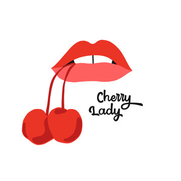 Sexy woman lips with sweet cherry vector illustration isolated on white Cherry Lady lettering French lipstick makeup mouth eating red berry clip-art Valentines Day love design 