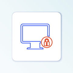 Line Lock on computer monitor screen icon isolated on white background. Monitor and padlock. Security, safety, protection concept. Safe internetwork. Colorful outline concept. Vector.