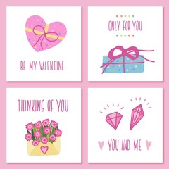 Set of Happy Valentines Day card poster with hand drawn elements and lettering isolated on background template. Cute romantic vector illustration