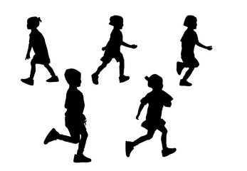 Silhouette kids group running Exercise with white background with clipping path.
