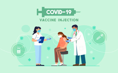 COVID-19 Vaccine injection vector illustration. A doctor injects a coronavirus vaccine to a patient on green background