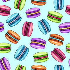 Seamless pattern of colorful sweet macarons cakes. French macaroons. Junk food background