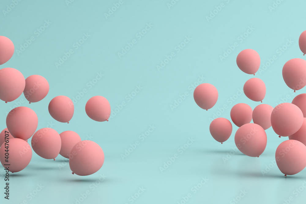Poster floating balloons on green background. 3d rendering.