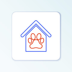 Line Dog house and paw print pet icon isolated on white background. Dog kennel. Colorful outline concept. Vector.