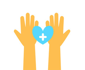 Hands and blue heart on a white background. Symbol. Vector illustration.