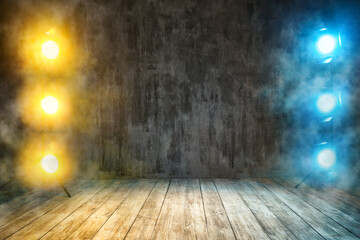 Grunge Mist Stage Background. Beams of Lights, Spotlight in Smoke over cracked Wall and wooden Floor. Nobody