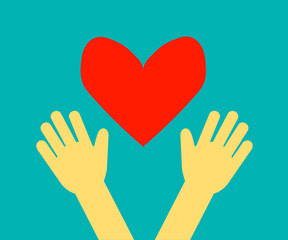 Human hands and heart on a blue background. Symbol. Vector illustration.