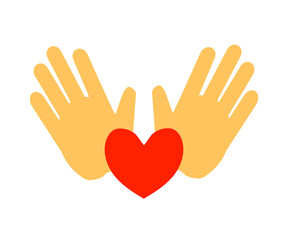Hands and red heart on a white background. Symbol. Vector illustration.
