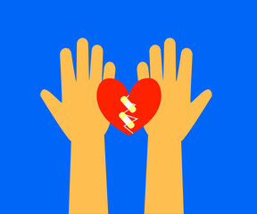 Hands and broken heart glued with plaster on a blue background. Vector illustration.
