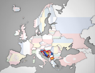 3D Europakarte auf der die Nachfolgestaaten des ehemaligen Staates Jugoslawien hervorgehoben werden und die restlichen Flaggen transparent sind