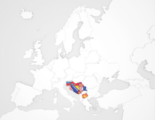 3D Europakarte auf der die Nachfolgestaaten des ehemaligen Staates Jugoslawien hervorgehoben werden