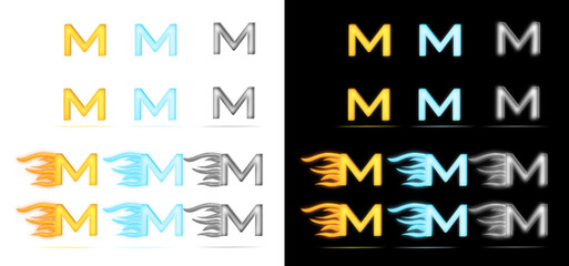 Vector set of attractive M letter with flame fire, ice and metal pattern