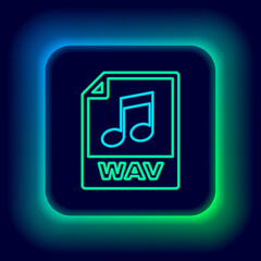 Glowing neon line WAV file document. Download wav button icon isolated on black background. WAV waveform audio file format for digital audio riff files. Colorful outline concept. Vector.