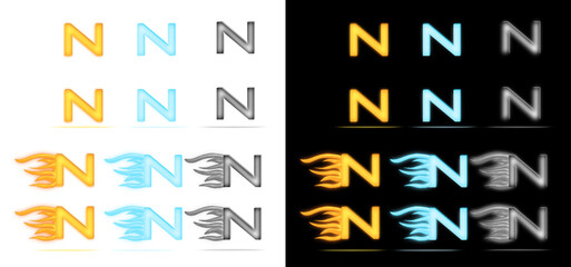 Vector set of letter N with flame fire, ice and metal pattern