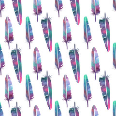 seamless pattern with colorful watercolor feathers