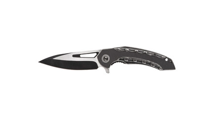Pocket folding knife isolate on white back. Compact metal sharp knife with a folding blade.