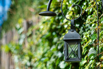 Old-style antique metal lantern (street lamp) on the background of green bushes, wooden fence and...