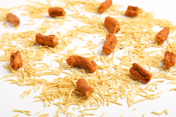 potato bhujiya or aloo bhujiya or sev namkeen and chips. mixed spicy snack