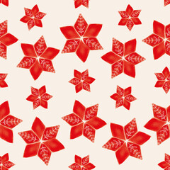 Vector red flower poinsettia ecru seamless pattern