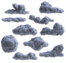 Collection realistic cartoon overcast rain cloud isolated on white background. Digital graphic...