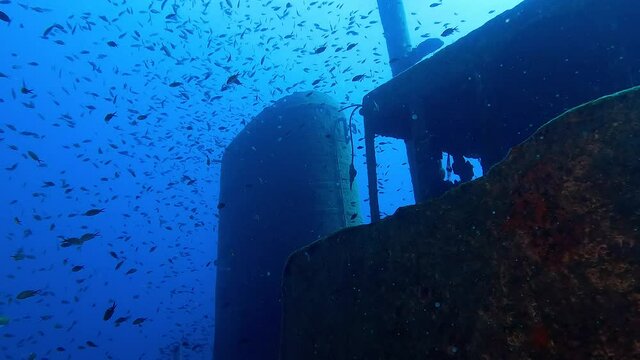 Scuba diving in Malta - Wreck diving Rozi - Swimming in the middle of fishes and next to a wreck