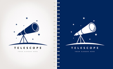 Telescope, night sky and stars logo vector. Astronomy design.