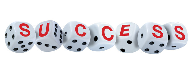 White dice with black eyes numbers spelling SUCCESS in red letters isolated on white background. Concept about being successful.