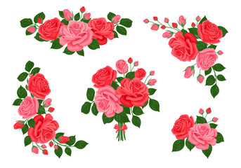 Red and pink rose flowers bouquet collection. Set of design elements for greeting card decoration. Vector floral illustration in cartoon flat style.