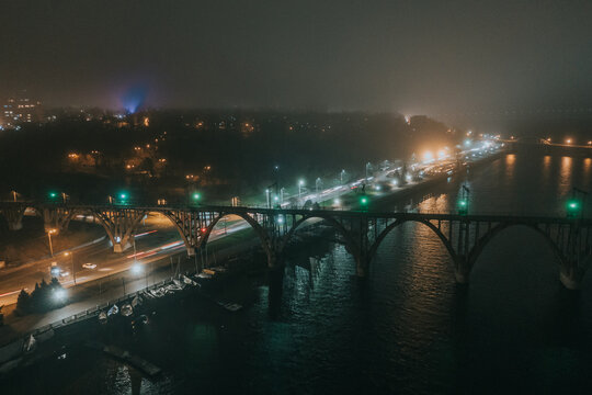 night city in fog from a bird's-eye view